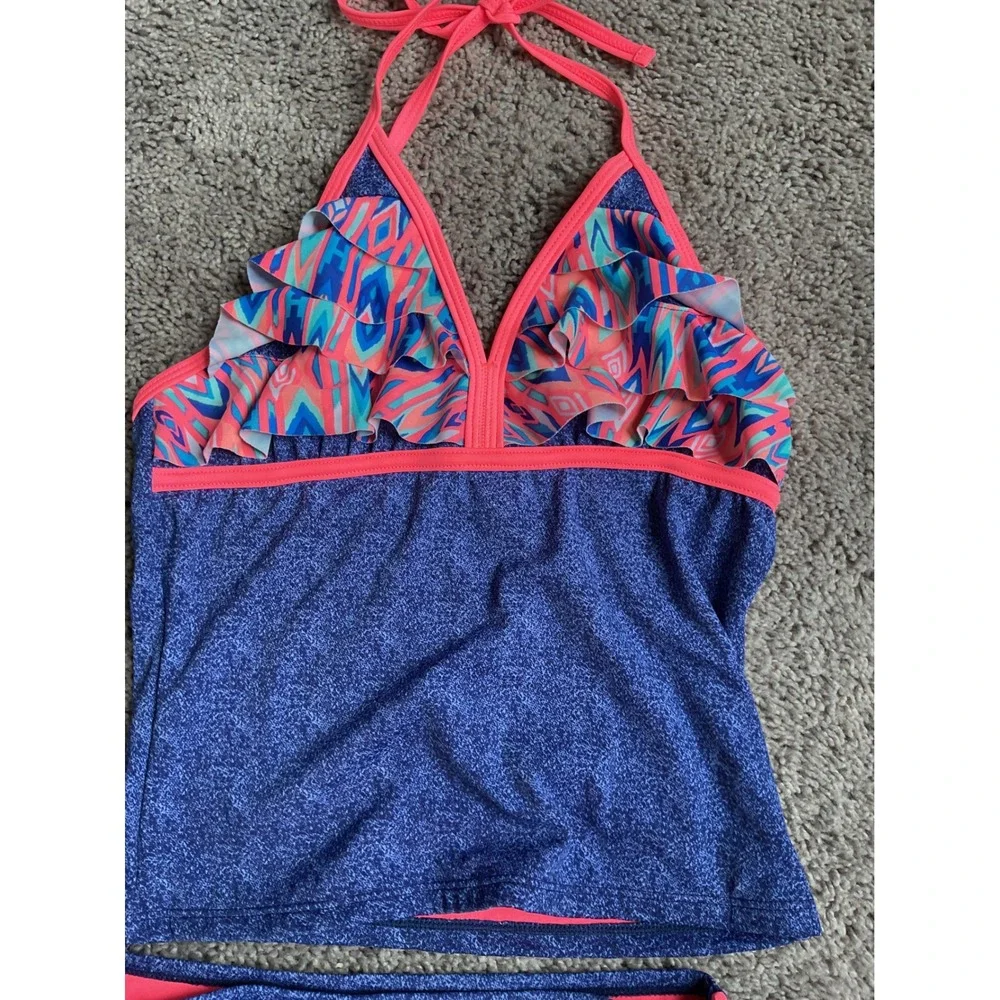 Justice Girls Blue Pink Geometric Ruffle Tankini Two Piece Swimsuit Size 10